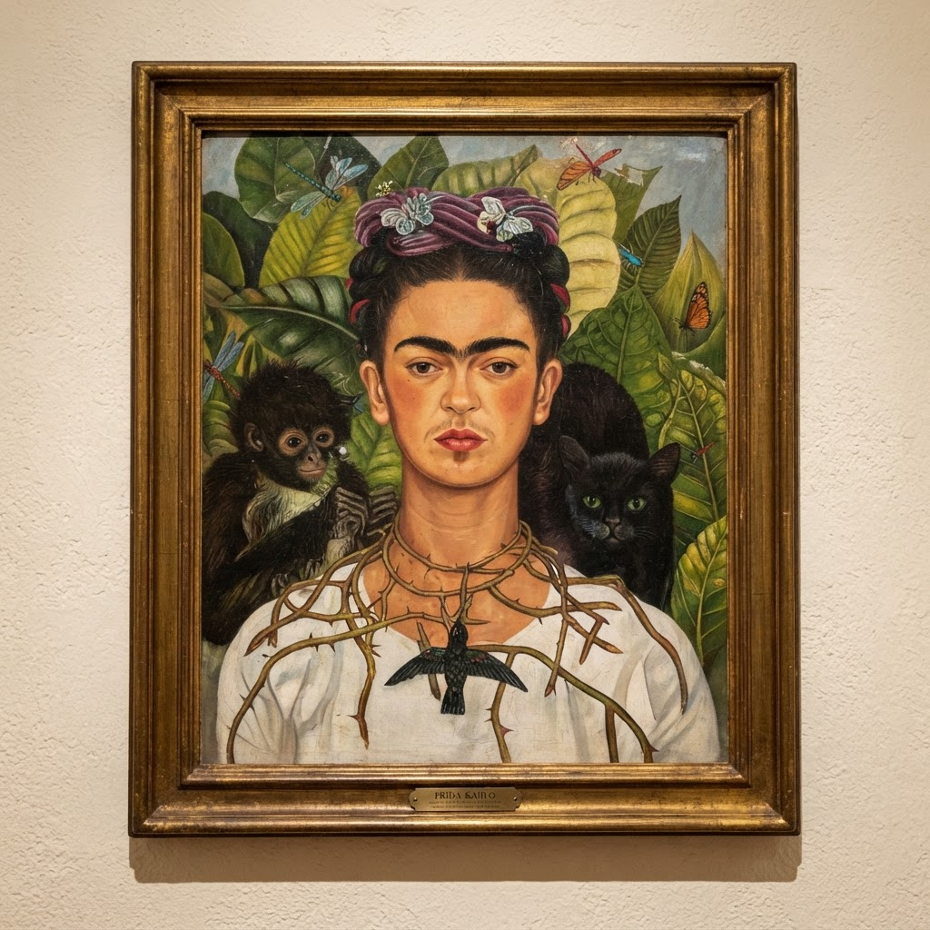 《戴荆棘项链与蜂鸟的自画像》:荆棘缠颈、蜂鸟为坠的弗里达,身后有黑猫与猴子