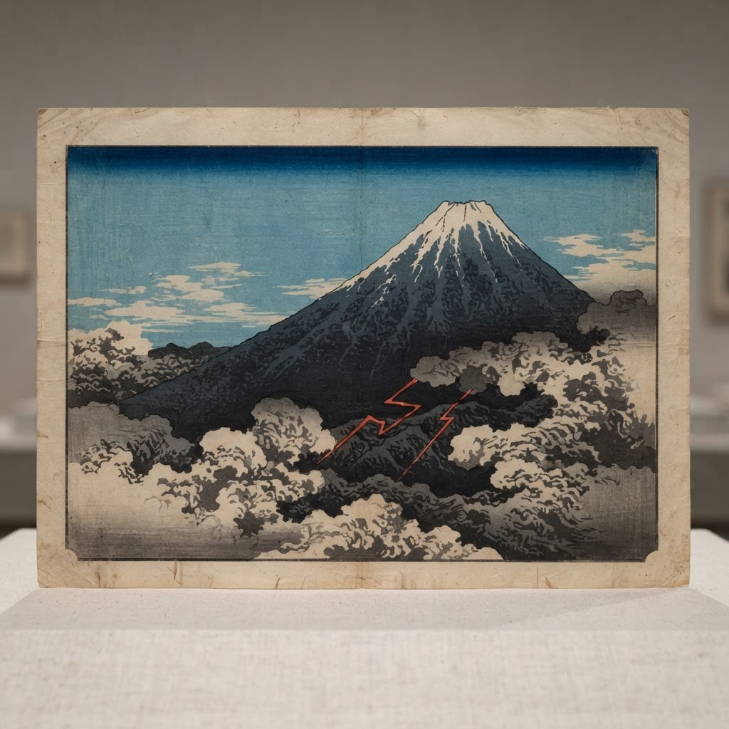 《山下白雨》:山顶晴空之下、山腰红色闪电劈落的富士山