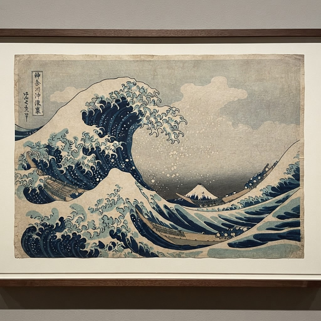 《神奈川冲浪里》:浪爪高卷的巨浪与远处的富士山