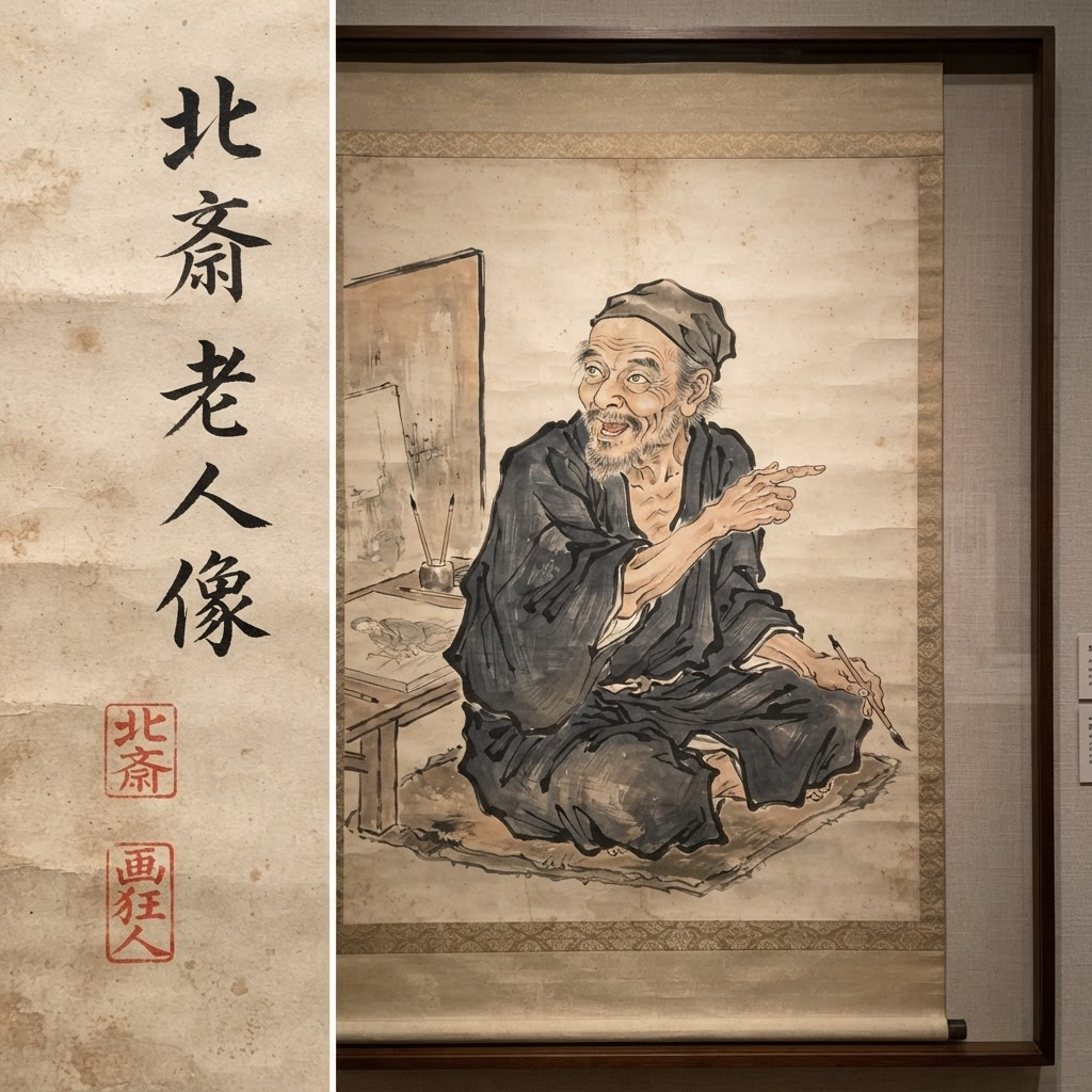 北斋晚年自画像:戴布帽、边说边比划的老者