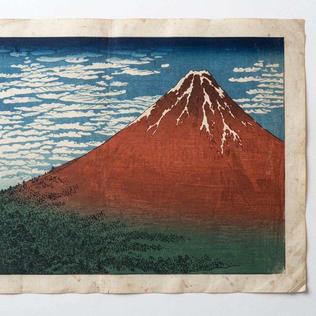 《凯风快晴》:晨光中通体赤红的富士山与鱼鳞状白云