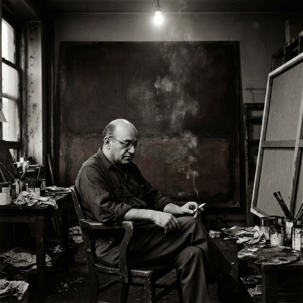 罗斯科肖像:画室昏暗光线中坐在巨大色域画作前的画家