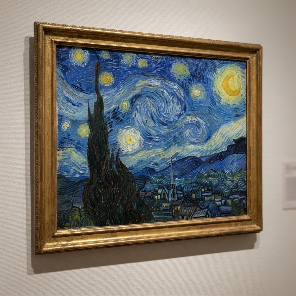 《星月夜》局部:旋转的夜空与新月
