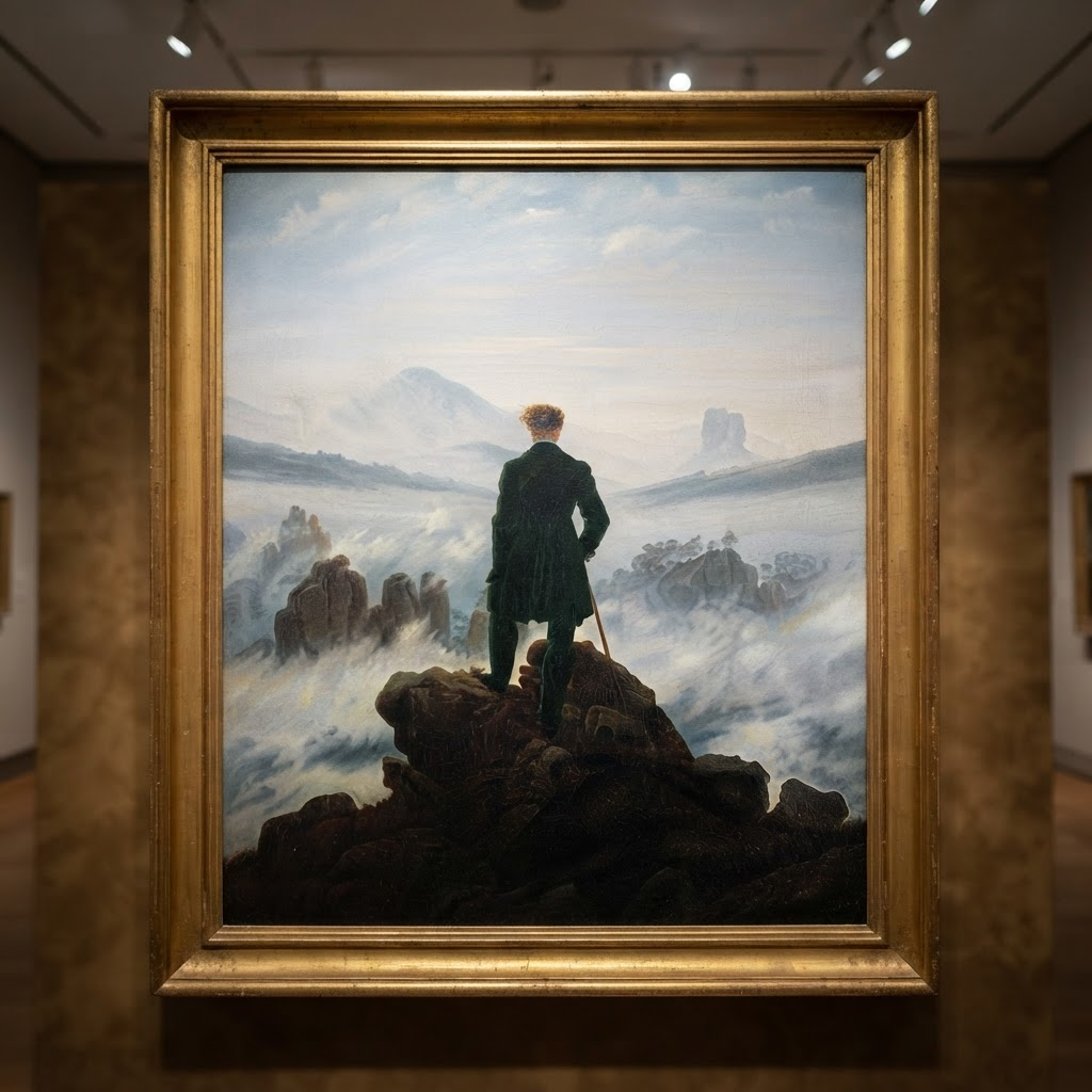 《雾海上的旅人》局部:背对观众远眺雾海的旅人